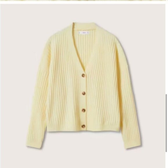 NWT MNG Mango Butter Yellow Ribbed "Picky" V Neck Cardigan Womens XL Cozy Soft - Picture 1 of 13